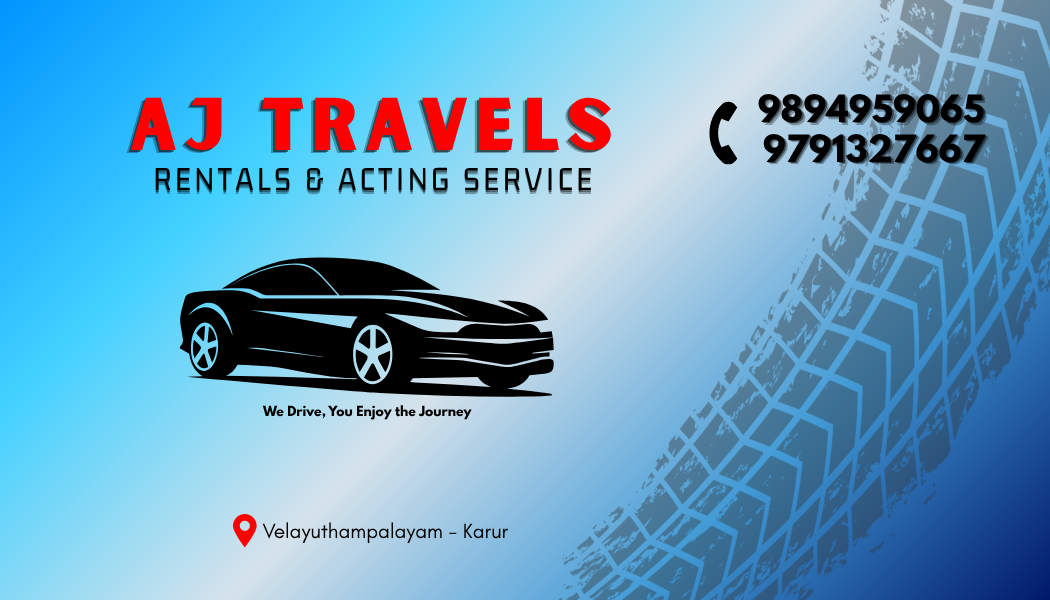AJ Travels business card, front side, with logo, tagline and contact numbers